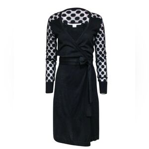 Diane von Furstenberg - Black Wrap Dress w/ Semi Sheer Polka Dot Sleeves
